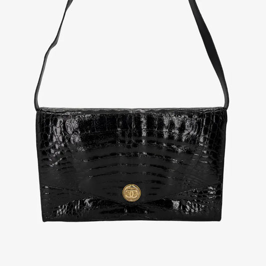 JY398 - CHANEL Vintage Black Crocodile Skin Flap Bag