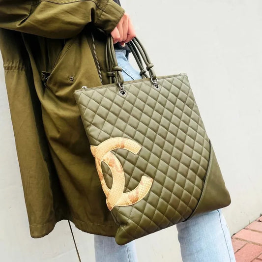 js509-chanel-vintage-olive-green-calfskin-snake-cc-logo-cambon-handbag