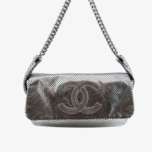 C664 - CHANEL Metal Silver Perforated Leather Rodeo Drive Flap Bag