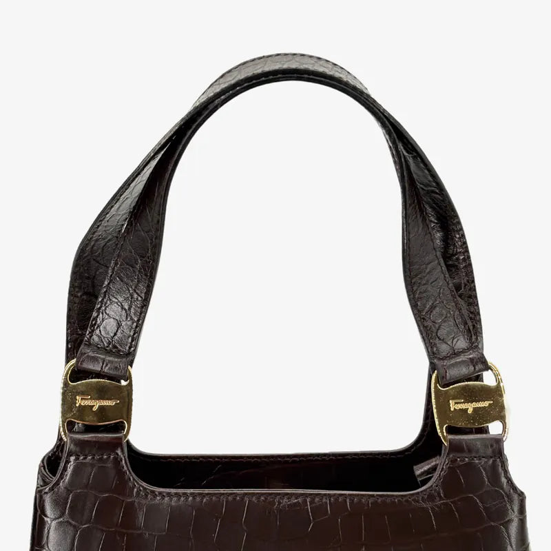 RE399 - SALVATORE FERRAGAMO Vintage Brown Calf Leather Shoulder Bag - Lovintage