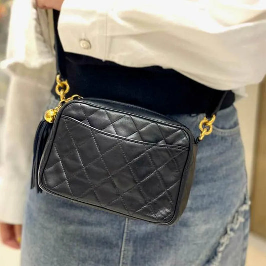 js491-chanel-vintage-black-lambskin-quilted-tassels-camera-bag