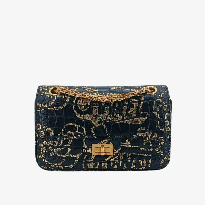 90213845-chanel-black-and-gold-graffiti-calfskin-crocodile-embossed-255-flap-bag