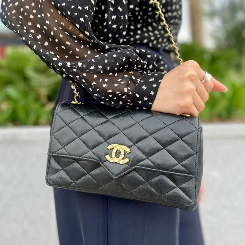 c402-chanel-vintage-black-lambskin-crystal-embellished-pointed-flap-bag