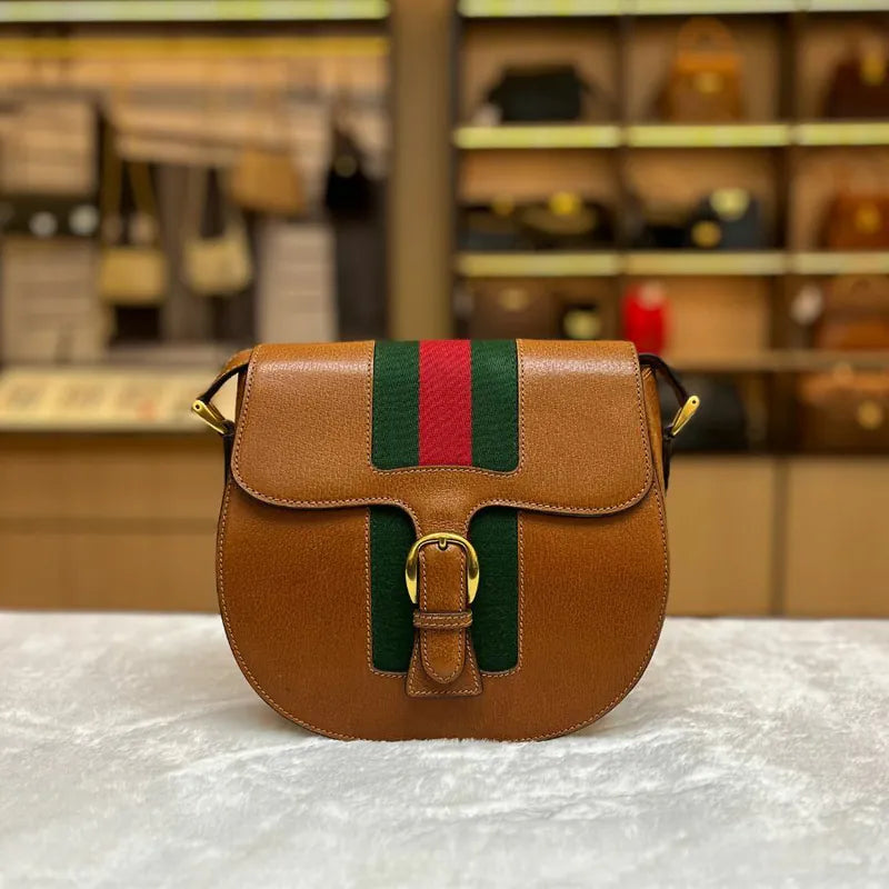 rb126-gucci-vintage-brown-leather-sherry-line-buckle-round-shoulder-bag