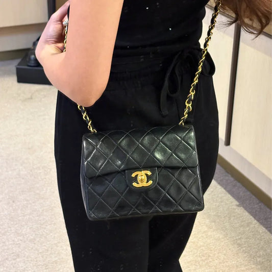 C619 - CHANEL Vintage Black Lambskin 17cm Mini Square Flap Bag