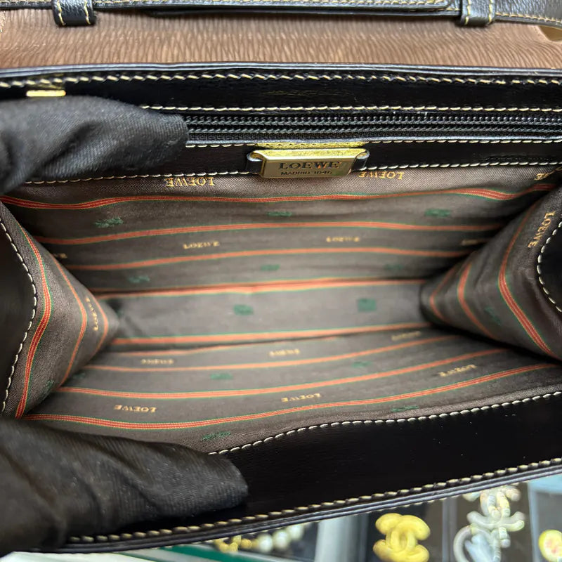 ju627-loewe-vintage-black-brown-gold-suede-caviar-leather-shoulder-bag-handbag