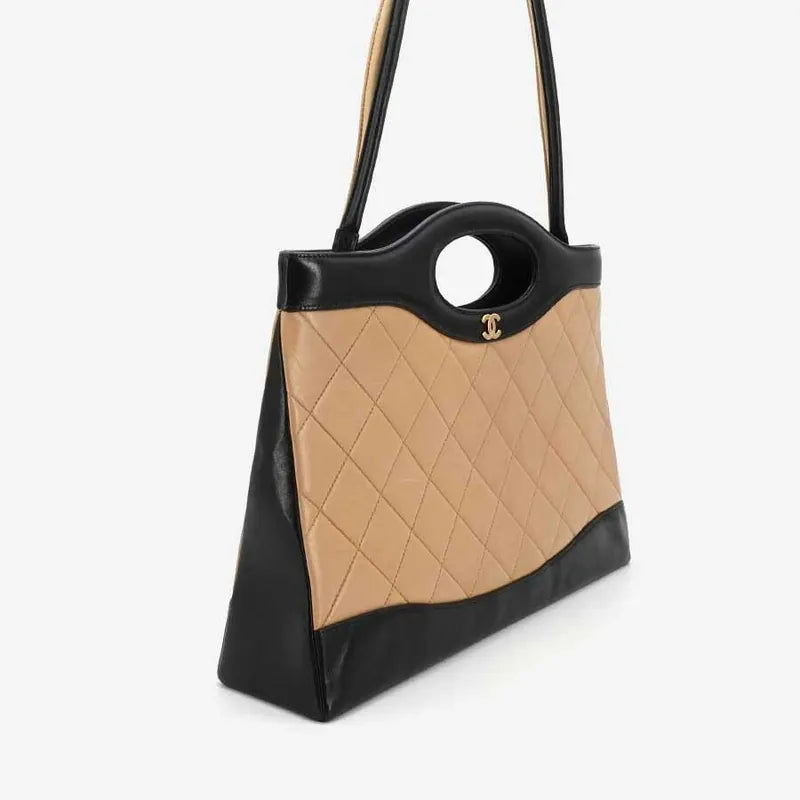 jr503-chanel-vintage-beige-and-black-lambskin-quilted-shopping-bag