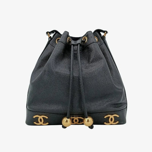 js663-chanel-vintage-black-caviar-leather-gold-ball-bucket-bag