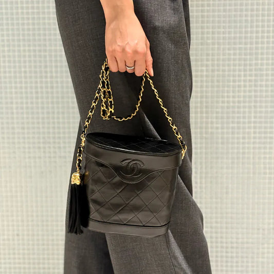 C659 - CHANEL Vintage Black Lambskin Tassels Bucket Bag