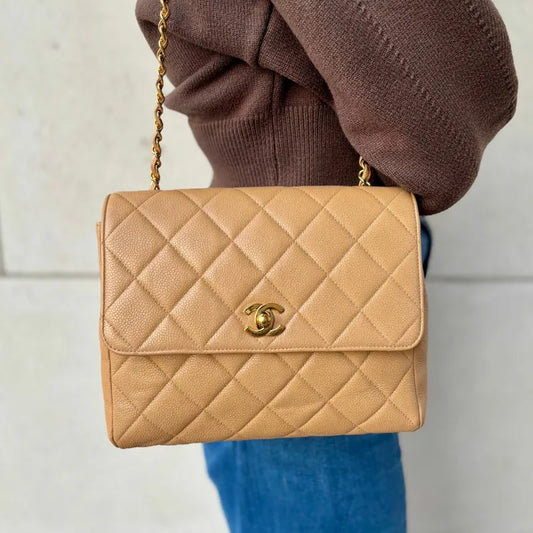 JAH198 - CHANEL Vintage Beige Caviar Leather Quilted Flap Bag