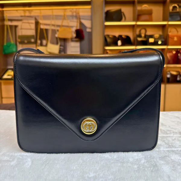 RB991 - Gucci Vintage Black Leather 2way Interlocking Shoulder Bag