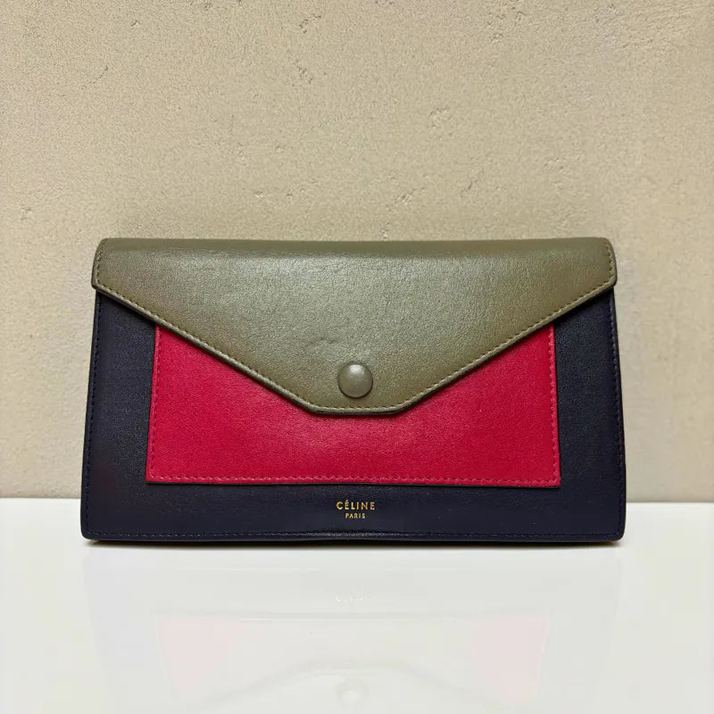 ja883-celine-vintage-black-burgundy-grey-caviar-leather-long-flap-wallet