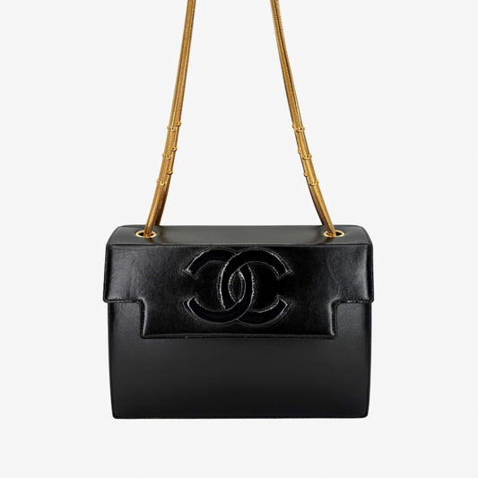 CS005 - CHANEL Vintage Black Lambskin CC Patent Snake Chain Flap Shoulder bag