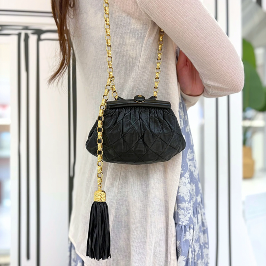 JZ516 -  CHANEL Vintage Black Lambskin Gold Chain Waist Pouch Clasp Bag