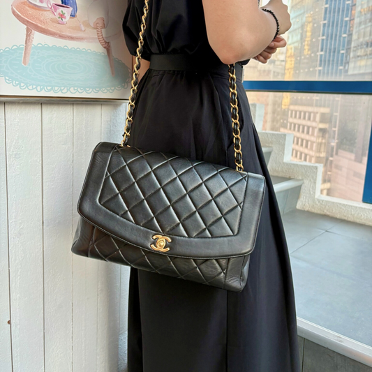 CS023 - Chanel Vintage Black Lambskin Tall Diana Flap Bag (With Back Pocket)