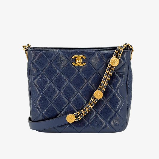 CS042 - CHANEL Navy Caviar Leather Gold Coins Chain Hobo Bag