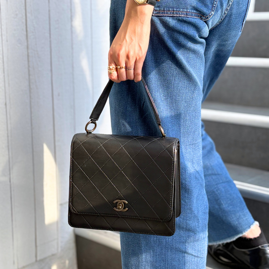 HA029 - CHANEL Vintage Black Calfskin Quilted Handbag