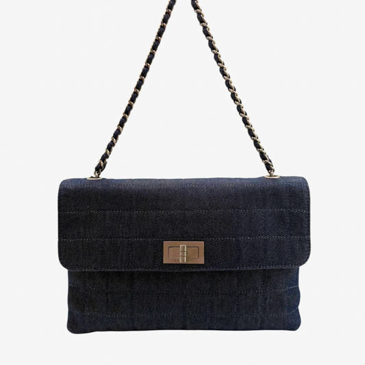 CS087  - CHANEL Vintage Dark Blue Denim Chocolate Bar Flap Bag