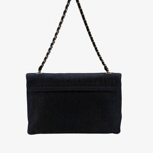 CS087  - CHANEL Vintage Dark Blue Denim Chocolate Bar Flap Bag
