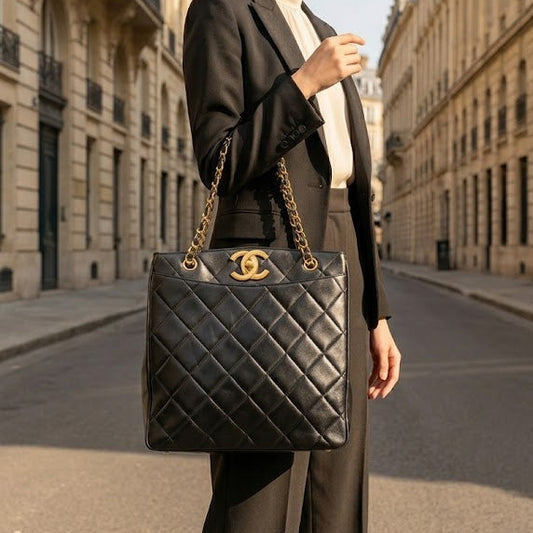 JW806 - CHANEL Vintage Black Lambskin Big CC Turnlock Tote Bag - Lovintage