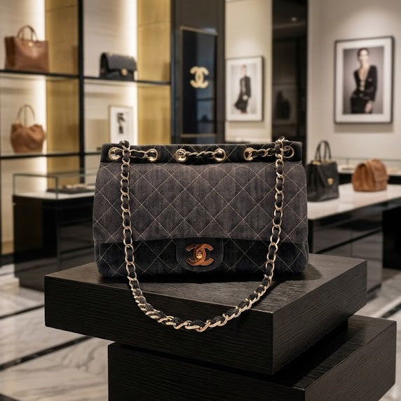 CS107 - CHANEL Navy Blue Quilted Denim Chain Through Jumbo Flap Bag - Lovintage