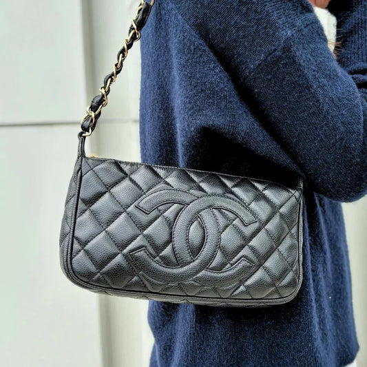JAH201 - CHANEL Vintage Black Caviar Leather Quilted Handbag