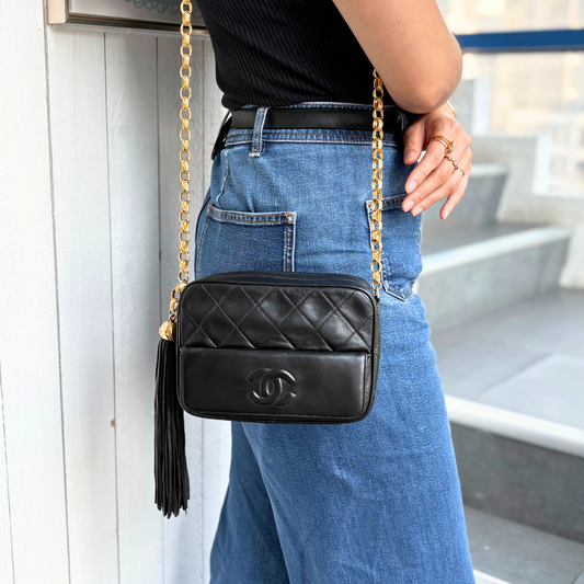 RG015 - CHANEL Vintage Black Lambskin Tassels Gold Chain Camera Bag