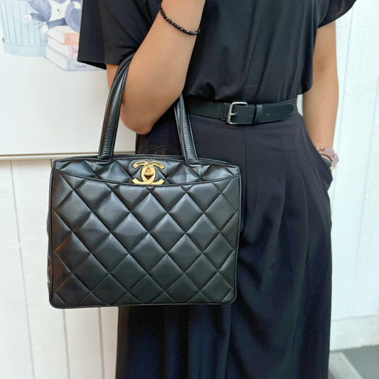 RG365 - CHANEL Vintage Black Lambskin Big CC Turnlock Tote Bag