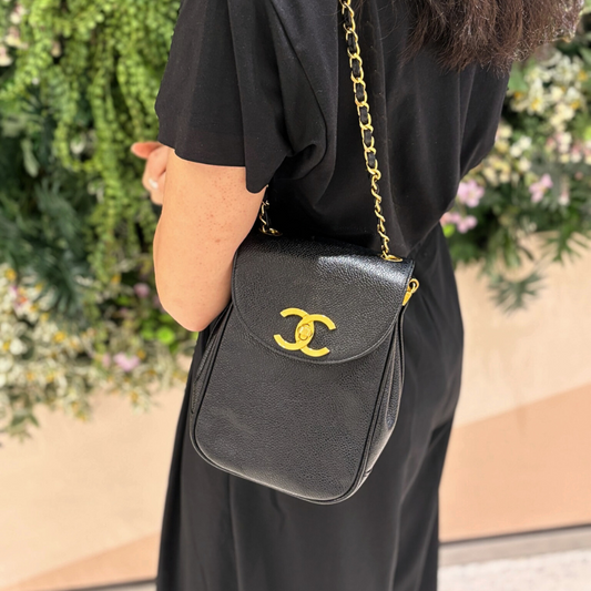RG384 - CHANEL Vintage Black Caviar Leather CC Turn-Lock Backpack